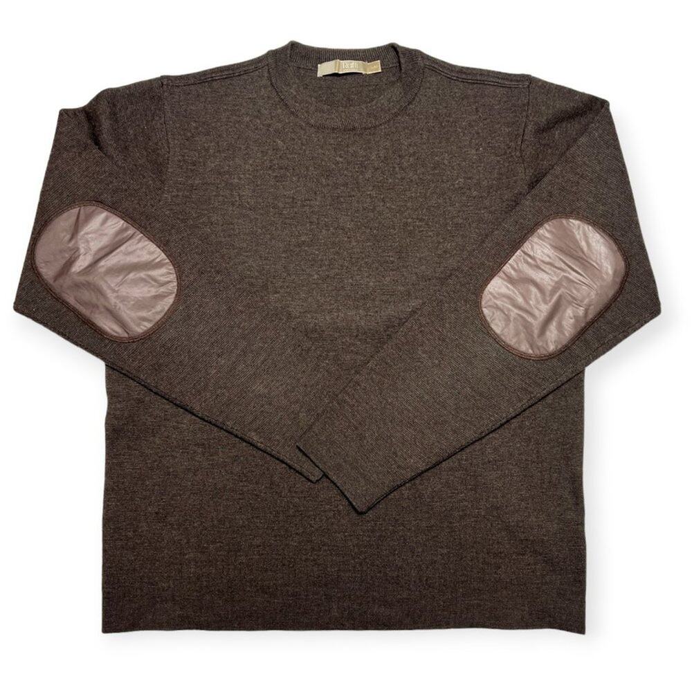 Raffi Linea Uomo 100% Merino Wool Elbow Patch Crewneck Sweater SIZE L Brown